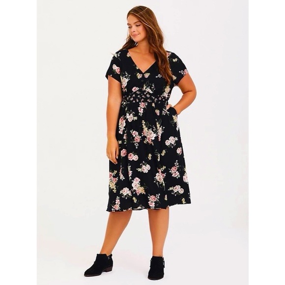 BLACK FLORAL MIXED PRINT BUTTON-DOWN MIDI DRESS - Picture 3 of 8